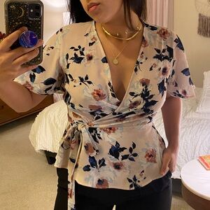 Floral Wrap Top - Cream and Blue